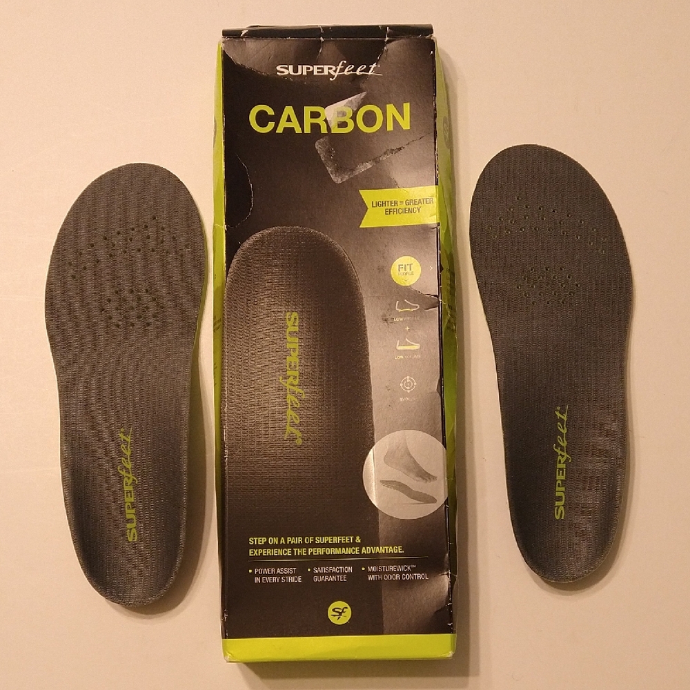 New in Box Superfeet Carbon Insoles -Women's Size 4.5 -6, Men's Size 2.5 - 4